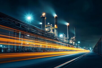 Night view of an industrial plant with light trails and city lights in the background.