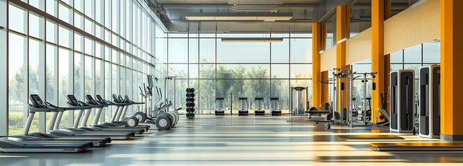 57. **A sleek, modern gym with state of the art equipment, mirrored walls, and large windows. The backdrop includes a bright, open space and a motivating atmosphere.