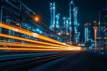 Night view of an industrial plant with light trails and city lights in the background.