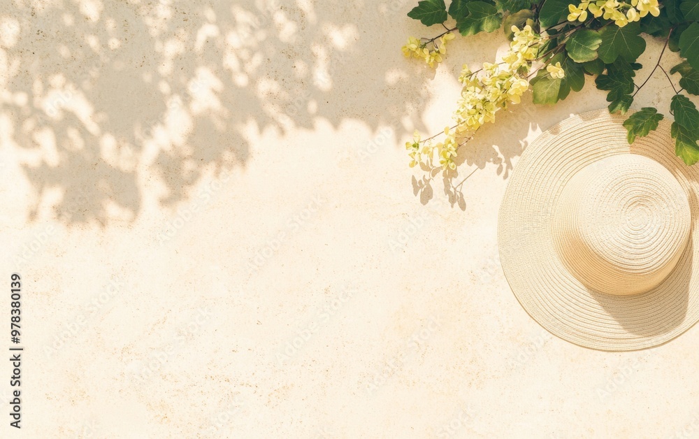 Poster empty beige stone table with sun hat and leaves in sunny garden - calming bokeh effect and monochrom