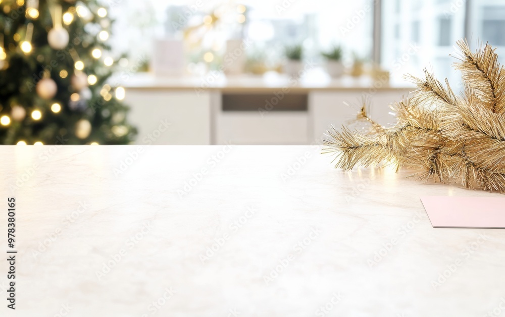 Poster warm festive background with empty white marble table in modern office setting