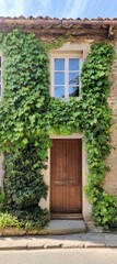 Charming Ivy-Covered Village House with Wooden Door and Historic Architecture