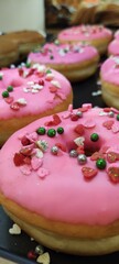  Happy Valentine's Day, delicious strawberry donuts with red heart decorations,,Feliz de san Valentín,  deliciosas  donas  de fresas con decoraciones de corazones rojos, 