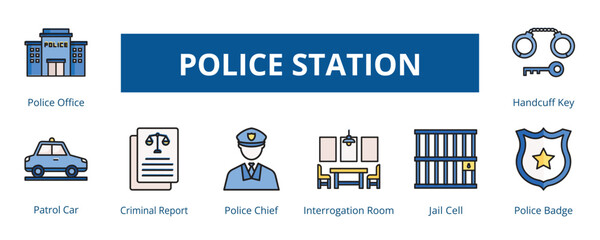 Police Station Lineal color Banner Web Icon Set Vector Illustration, Police Office Patrol Car Interrogation Room Police Chief Criminal Report Handcuff Key Jail Cell Badge