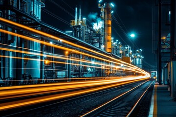 Fototapeta premium Night view of an industrial plant with light trails and city lights in the background.