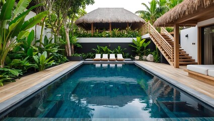 Luxurious outdoor pool area with a modern, tropical design. The layout features a rectangular infinity pool surrounded by a wooden deck.