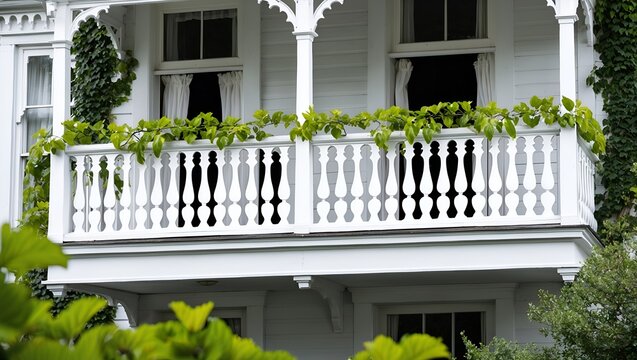 white-painted house with a Victorian-style balcony. The balcony features intricate, white wooden balustrades with a repeating pattern of elongated, teardrop-shaped cutouts.