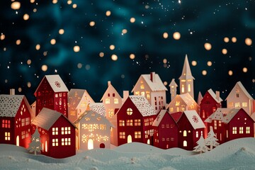 red and white paper cut Christmas village under a starry sky. of the holiday season.