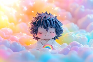 Fototapeta premium A 3D cute -style illustration of a deity, featuring vibrant and well-designed colors. The cute, stylized figure blends traditional elements with playful design, creating a charming and eye-catching vi