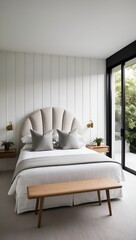 minimalist bedroom with a clean and serene aesthetic. The room features a large bed with a unique, curved headboard upholstered in a light, textured fabric