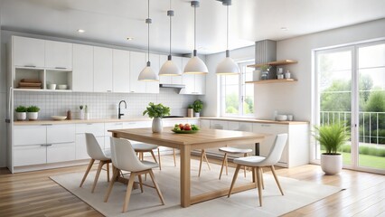 Fototapeta premium Modern kitchen table in bright room with blank white space, perfect for text overlays or product placement, [kitchen table copy space], [modern kitchen design]