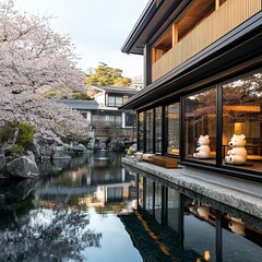 Obraz premium Modern hotel with bear dolls on window and traditional hot spring ryokan by river with sakura blossom and skyline reflection at Ureshino onsen town, Saga, Kyushu, Japan. Famous travel destination.
