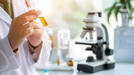Fototapeta premium Scientist in lab coat holding vial of experimental drug, withmicroscope and scientific eauipment, symbolizing drug trials and medical researchprocess.