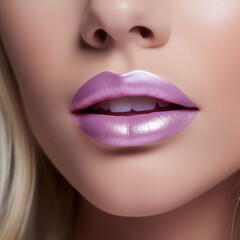 Fototapeta premium Close-up of a girl's lips smooth skin Beautiful glossy purple and pink lips.