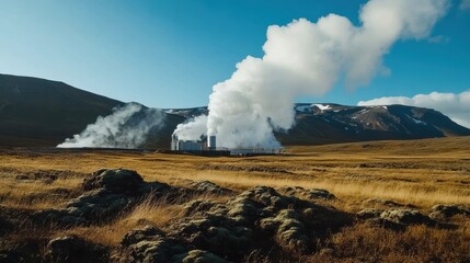 A geothermal power plant emits steam amidst a rugged, natural landscape, showcasing the harmony of technology and nature.