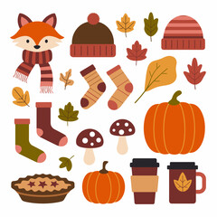 Hand drawn set of autumn badges cliparts stickers Cute and cozy illustrations