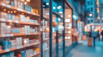 A blurred street view showcasing a shop window filled with various products and warm lighting.