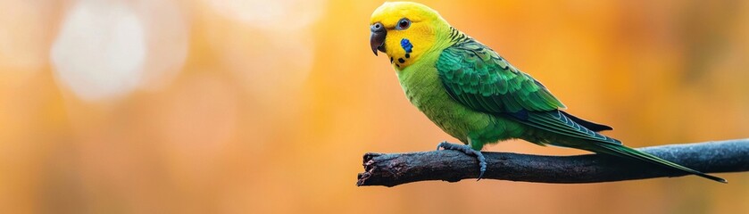 Obraz premium A vibrant parakeet perched on branch, showcasing its bright yellow head and green body against warm, blurred background. This colorful bird exudes lively and cheerful presence