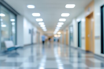 A blurred view of a modern hallway with elevators and seating.