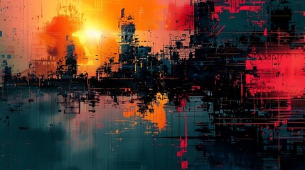 Abstract digital landscape with vibrant colors and geometric patterns.