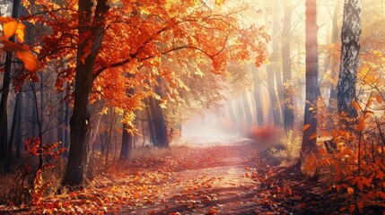 Autumn Path Through a Misty Forest