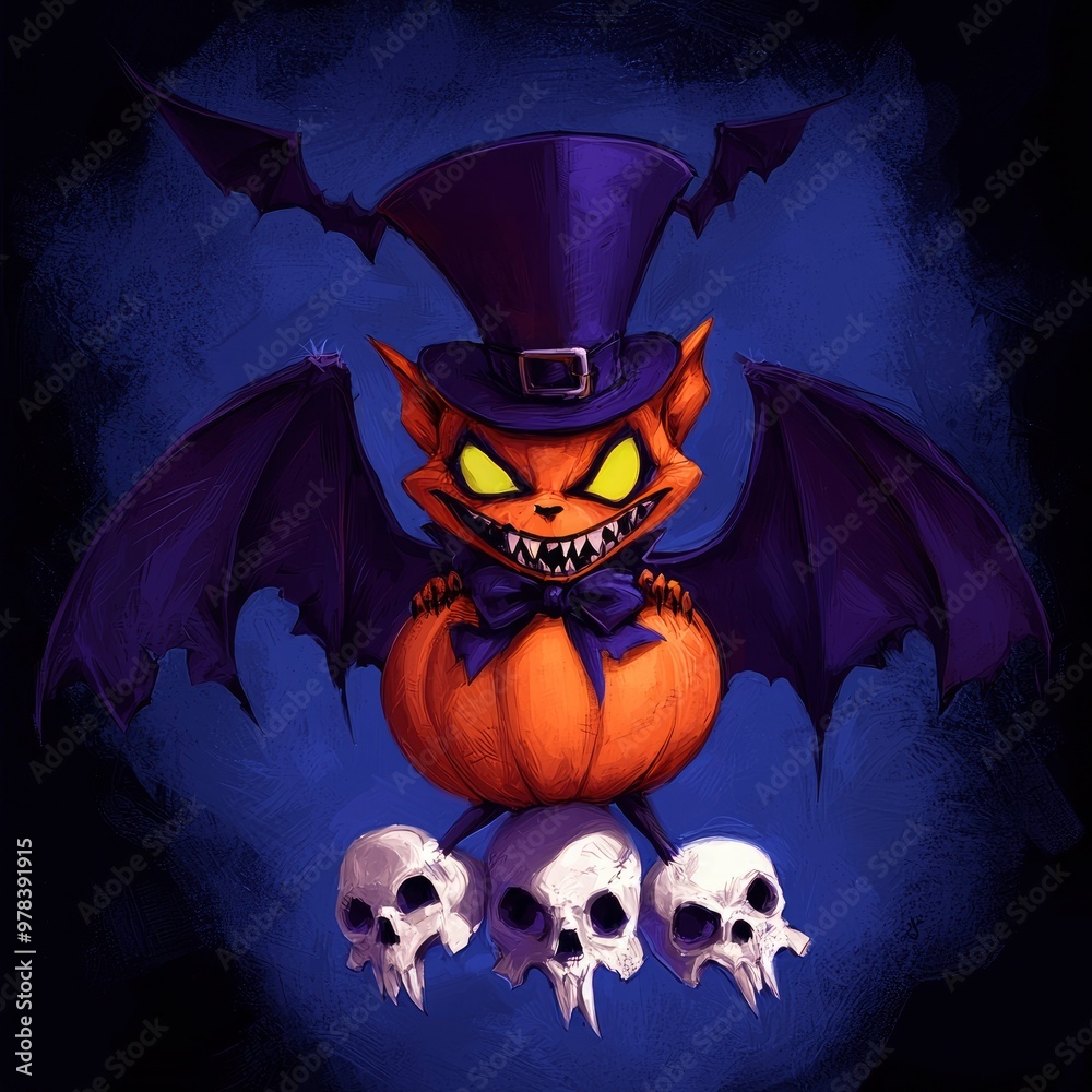 Wall mural halloween bat cat with pumpkin and skulls