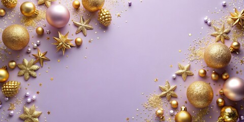 Golden decorations and sparkles on a pale purple background , luxury, elegant, festive, shimmering, glamorous, celebration