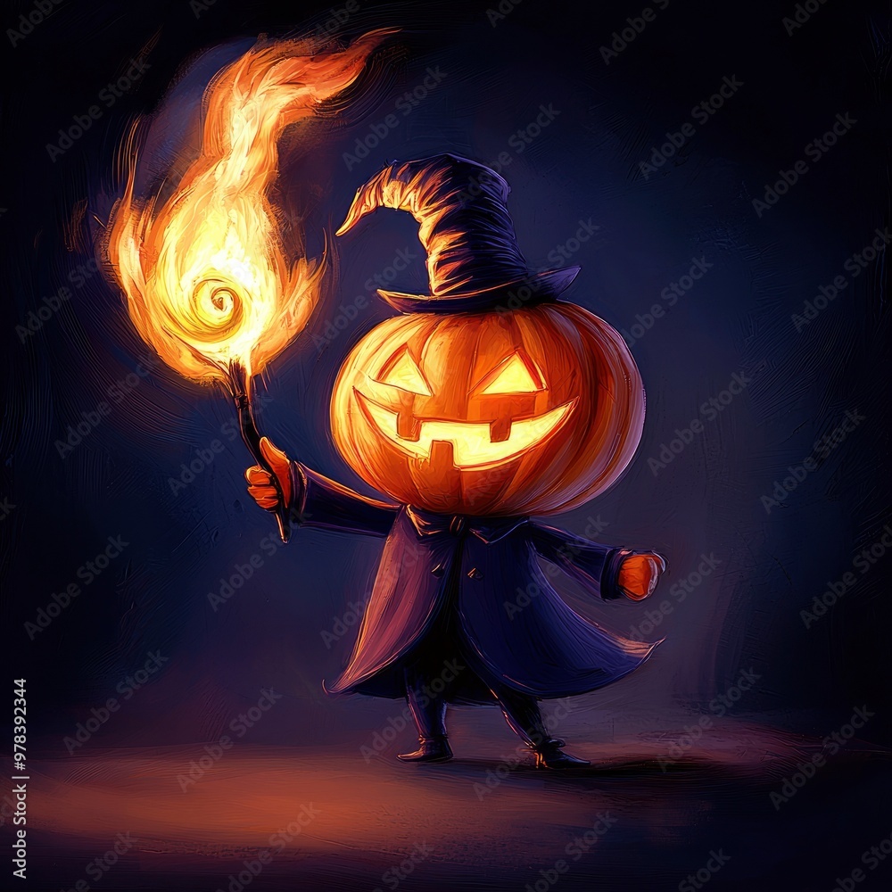 Poster jack-o'-lantern holding a torch