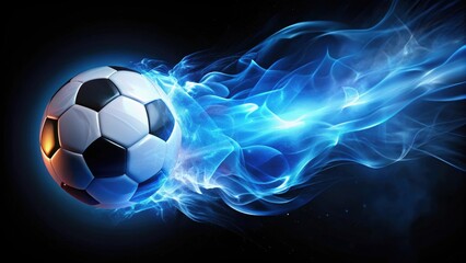 Fototapeta premium Soccer ball moving at a fast speed with magical blue flames and lights on a black background, soccer, ball, speed, fast