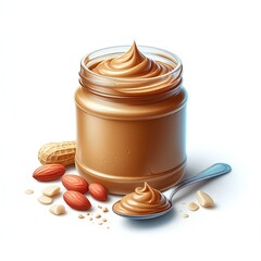 a peanut butter jar with a spoon, creamy and rich, simple and inviting, isolated on white background.