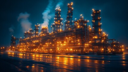 Obraz premium Illuminated Industrial Refinery at Night with Smoke Rising Generative AI