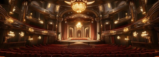Obraz premium 35. **A grand concert hall with plush red seats, a stage, and a large chandelier. The background includes detailed architectural features and elegant decor.