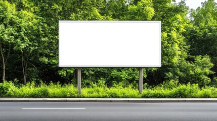 Fototapeta premium Blank billboard on the side of a road with lush greenery in the background, ready for advertisement or promotional use.