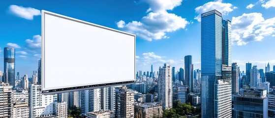 Blank billboard overlooking a modern city skyline on a sunny day, ideal for advertising and marketing concepts.