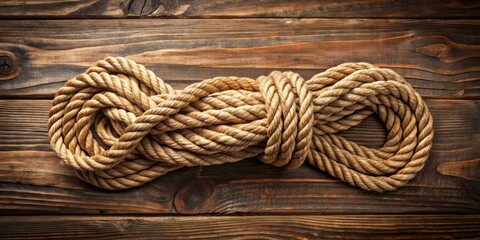 Obraz premium Knotted jute rope bundle on brown board, jute, rope, bundle, knotted, rough, texture, natural, material, board, close up, rustic