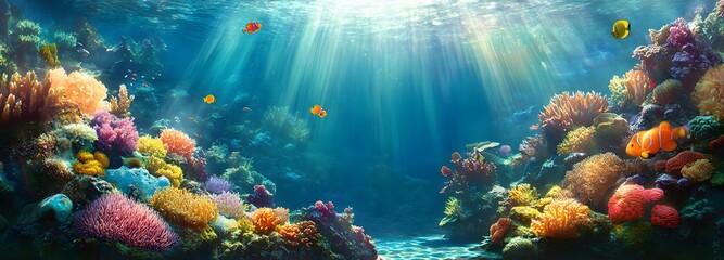 36. **A vibrant coral reef with colorful fish, sea anemones, and clear turquoise water. The backdrop features sunbeams filtering through the water.