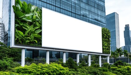 Obraz premium Blank white billboard on a modern building with green plants, ready for advertisement in an urban city environment.