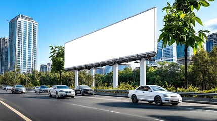 Blank white billboard on a city street with cars and skyscrapers in the background, ready for advertisement or marketing.