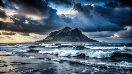 Fototapeta premium Mountain island with water near shore, dark landscape at dusk with black waves and rocky island, mountain, island, water, shore