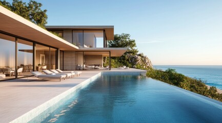 Fototapeta premium Modern Villa With Infinity Pool Overlooking Ocean