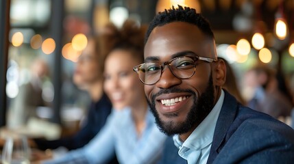 Fototapeta premium A smiling man in glasses at a social gathering, surrounded by others.