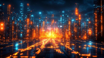 Obraz premium Cyber City with Neon Lights and Digital Pathways Generative AI