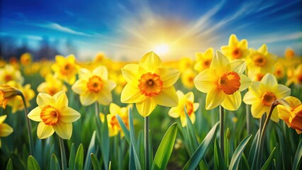 Fototapeta premium Vibrant daffodil flowers blooming in a field , spring, nature, yellow, garden, flora, petals, sunlight, outdoor, fresh