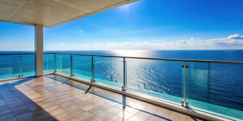 Fototapeta premium Glass balcony overlooking sea, balcony, glass, ocean view, scenic,modern, luxury, relaxation, vacation, holiday