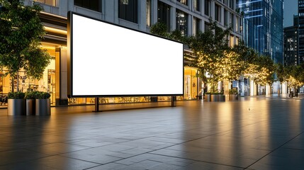 Modern city street with illuminated blank billboard at night, perfect for advertising mockup and urban presentation purposes.