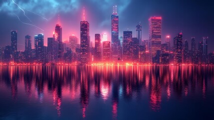 Fototapeta premium Futuristic Neon City Skyline at Night Generative AI