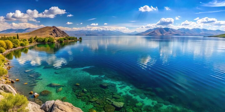 Stunning view of Lake Sevan in Armenia with crystal clear water and surrounding mountains , Lake Sevan, Armenia