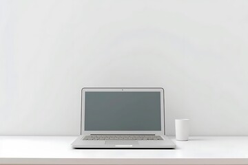 Fototapeta premium A minimalist workspace featuring a laptop and a cup on a clean surface.