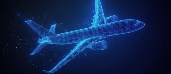 3D airplane wireframe hologram with a blue glow against a dark background, sleek and futuristic design