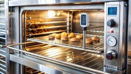 Close-up of a digital temperature sensor inside a commercial oven, precision cooking, food technology
